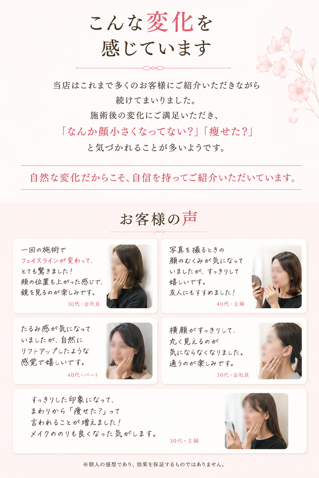 こんな変化を感じています。お客様の声。フェイスラインや頬の位置、むくみ、横顔などについての感想。